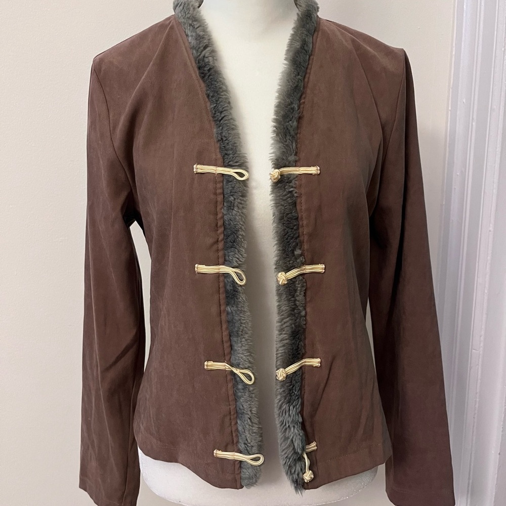 Asian style Brown Light Jacket with Gray Faux Fur Trim